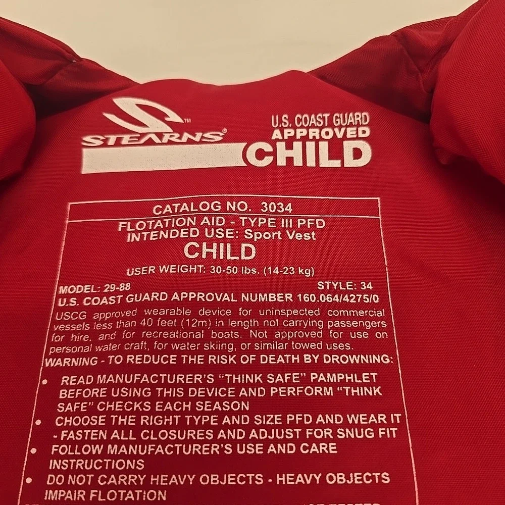 STEARNS Child Boating Ski Vest 30-50 lbs Red Model‎ 29-88 Catalog No. 3034